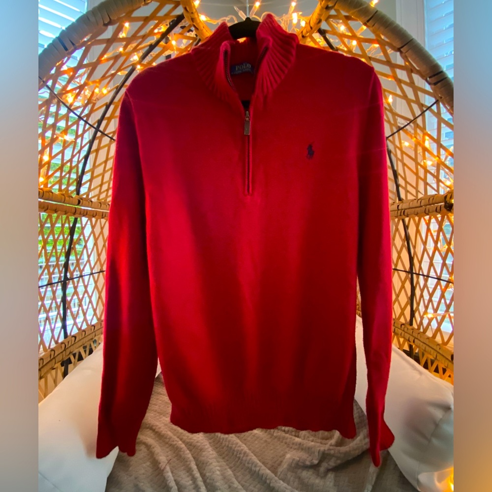 Polo quarter zip up, red, means, xl, and freshly steamed